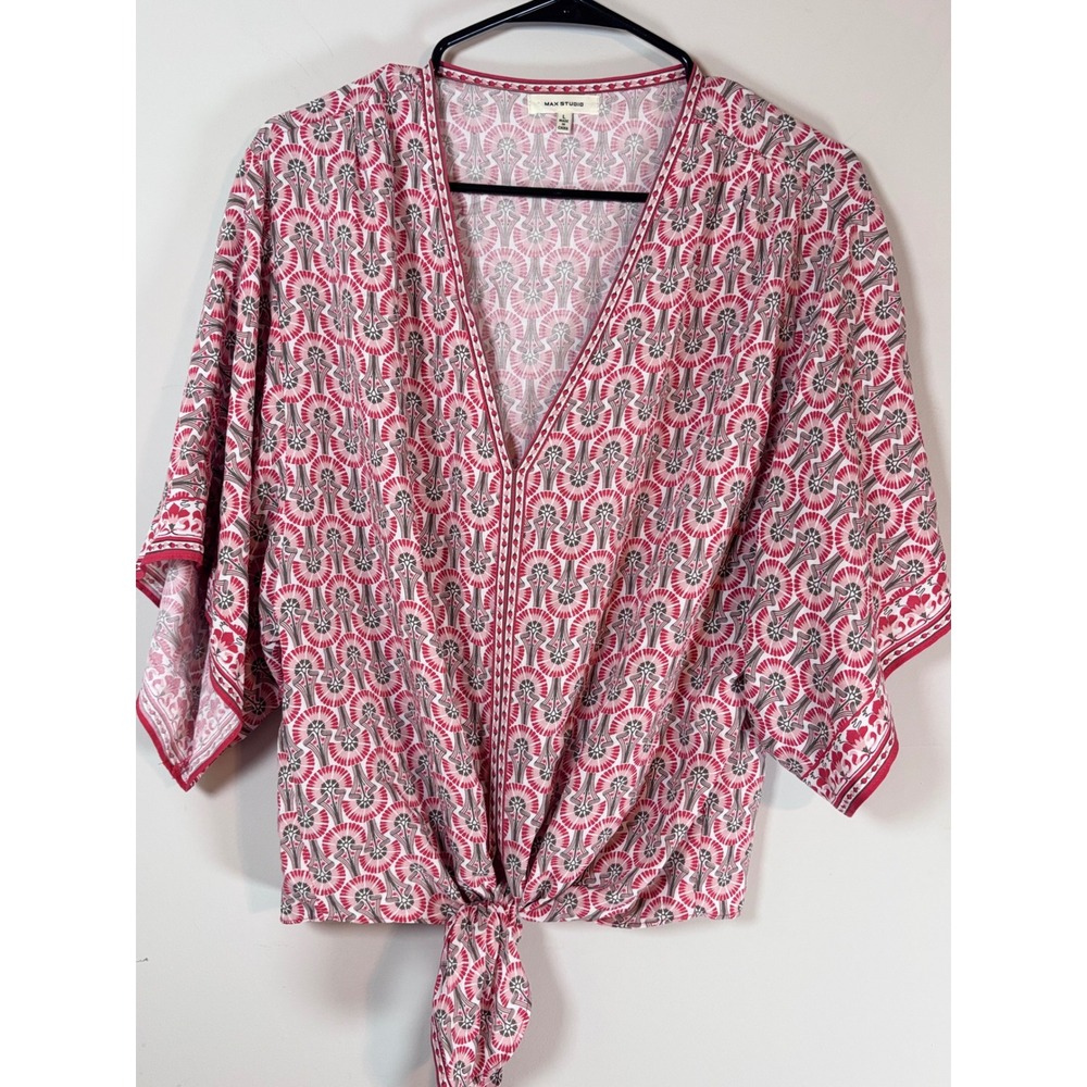 Max Studio Pink Geometric Fan Print Tie Front Kimono Sleeve Blouse Top Large